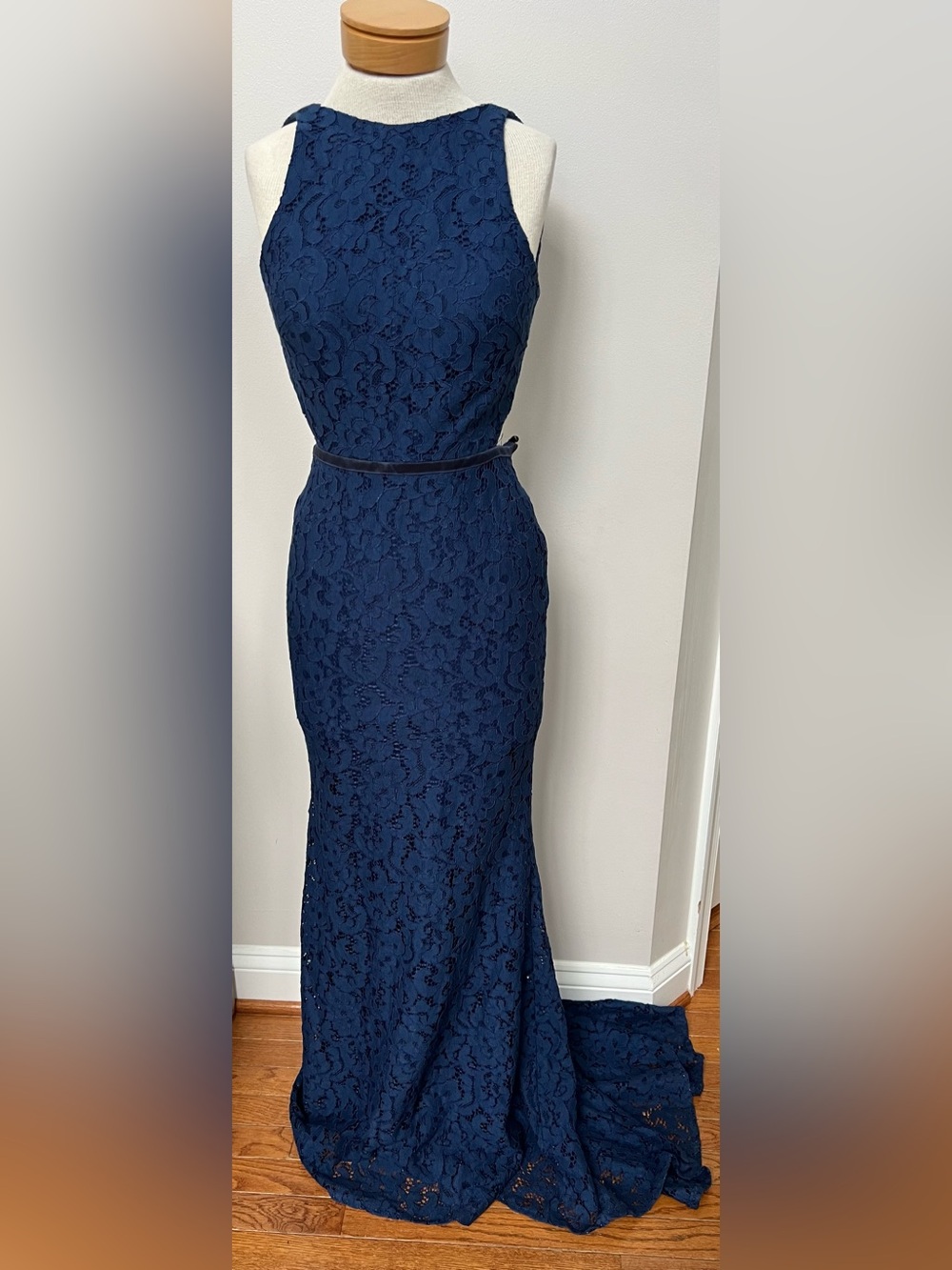 Mac Duggal Navy Lace Open Back Cutout Gown Mermaid Prom Formal Dress Size 4 - Picture 2 of 7
